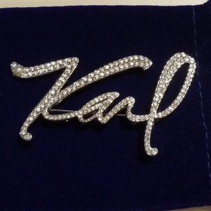 Karl Lagerfeld silver plated crystal logo brooch